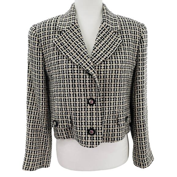 Doncaster Jackets & Blazers - Doncaster Black & Tan Woven Silk Two Button Cropped Jacket Blazer Women Sz 6